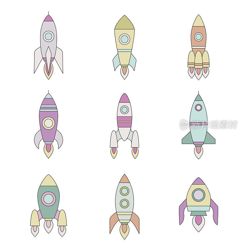 Rockets outline colored icon set. 简单的设计。